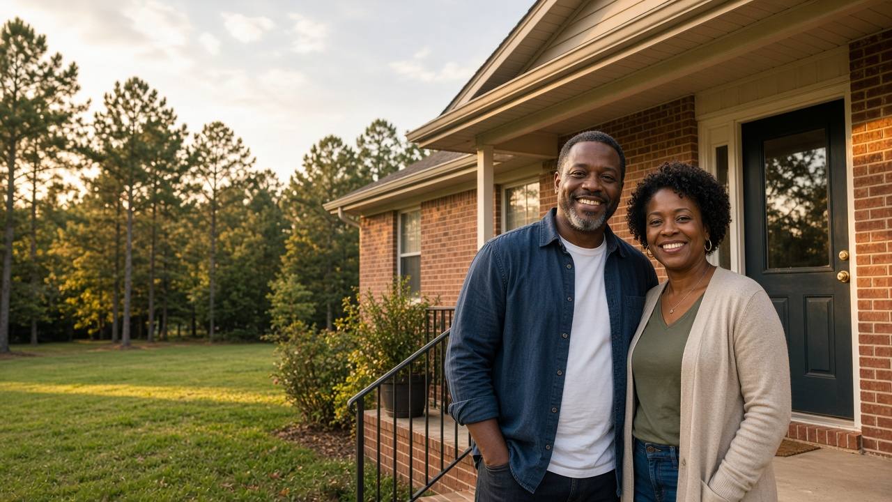 A smiling Black couple standing on the front porch of their brick ranch home