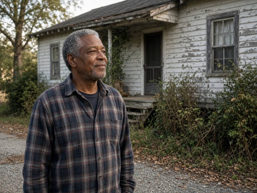 An older Black man standing in front of a weathered wood-sided house
